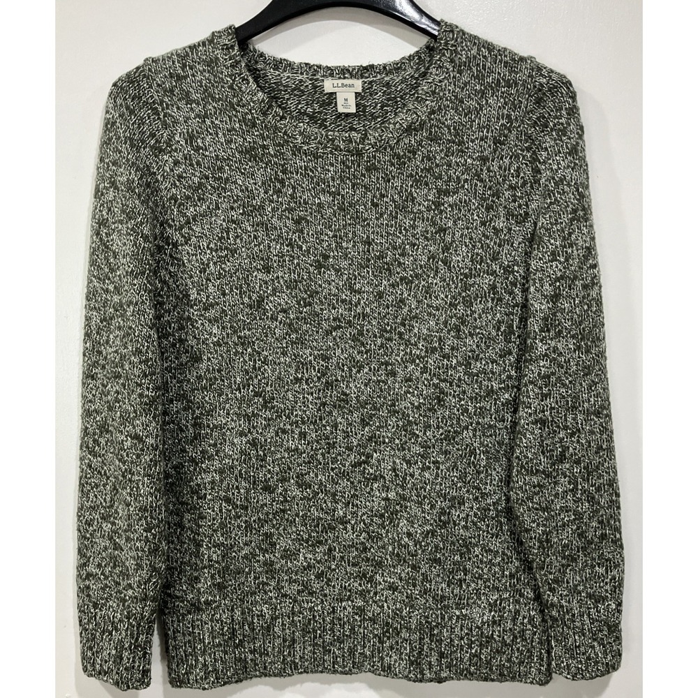 LL Bean Women's Pullover Green‎ White Knit Sweater Crewneck 501067 Medium